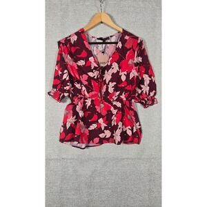Herve Benard Womens Floral Peplum Top Burgundy Pink V-Neck Blouse M NEW‎